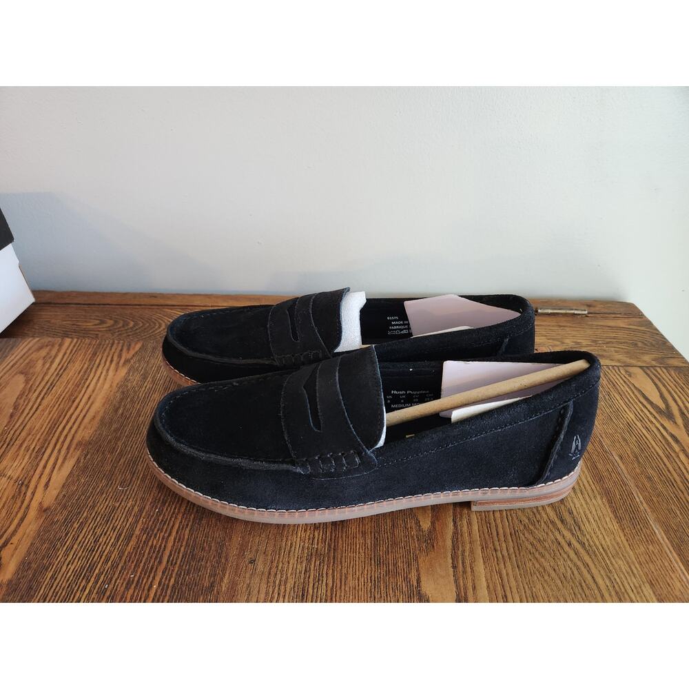 Womens Hush Puppies Wren Black Suede Casual Slip On Loafers Flat SZ 8 NIB